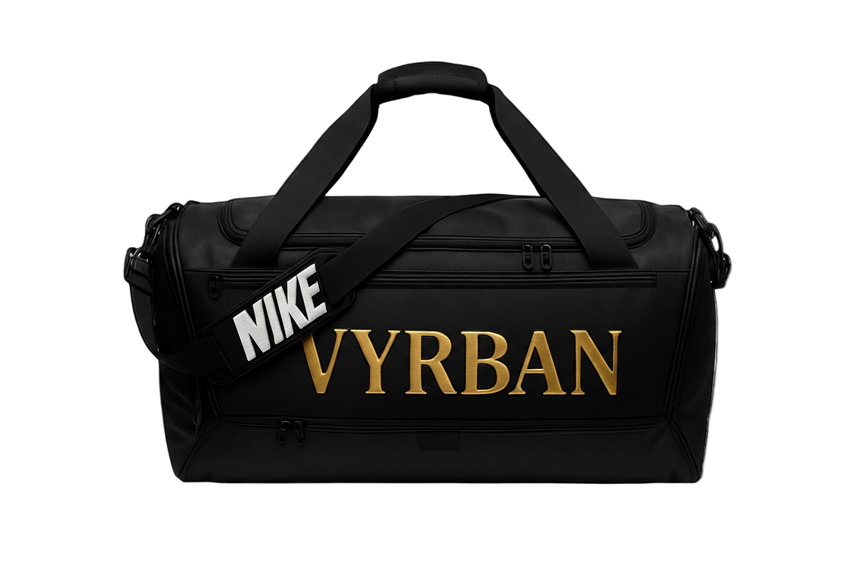 Black duffel bag with 'Nike' and 'VYRBAN' branding.