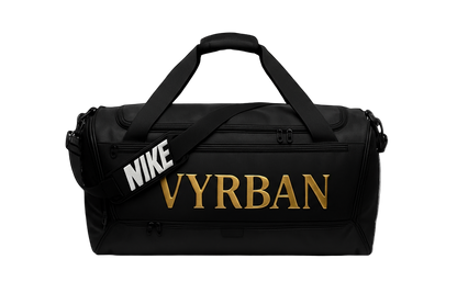 Black duffel bag with 'Nike' and 'VYRBAN' branding.