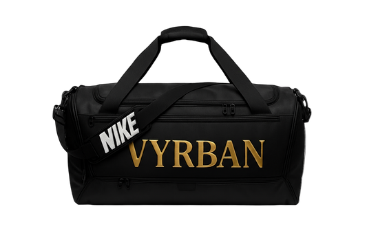 Black duffel bag with 'Nike' and 'VYRBAN' branding.